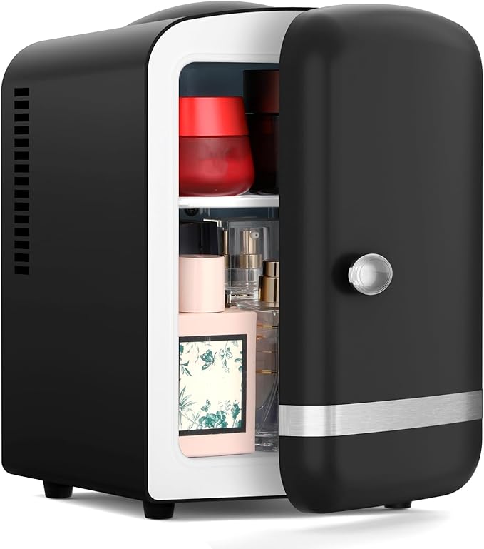 Xbeauty Retro Mini Fridge, Compact Refrigerator with 4L Capacity/6 Cans，Cooler & Warmer, Removable Shelf for Skincare, Beverages, Cosmetics, Perfect for Dorm, Bedroom, Black