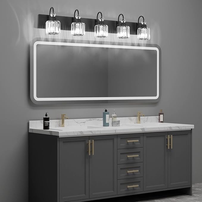 Ralbay Modern Crystal Black 5-Light Bathroom Vanity Light, Matte Black Crystal Bath Wall Light Fixtures