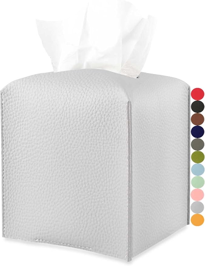 Tissues Cube Box Cover Leather – with Bottom Belt [JESMINI, Light Gray] Decorative Tissue Box Cover for Bathroom Vanity Countertop/Night Stands/Office Desk