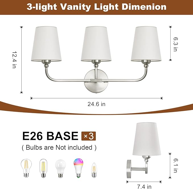 Bathroom Vanity Light, Brushed Nickel Bathroom Light Fixtures, 3-Light Lighting Fixtures Over Mirror, Modern Wall Sconce with Flared White Fabric Shade, E26 Socket(ETL Listed)