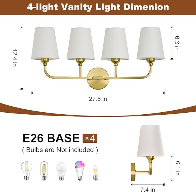 Bathroom Vanity Light, Brushed Gold Bathroom Light Fixtures, 4-Light Lighting Fixtures Over Mirror, Modern Wall Sconce with Flared White Fabric Shade, E26 Socket(ETL Listed)
