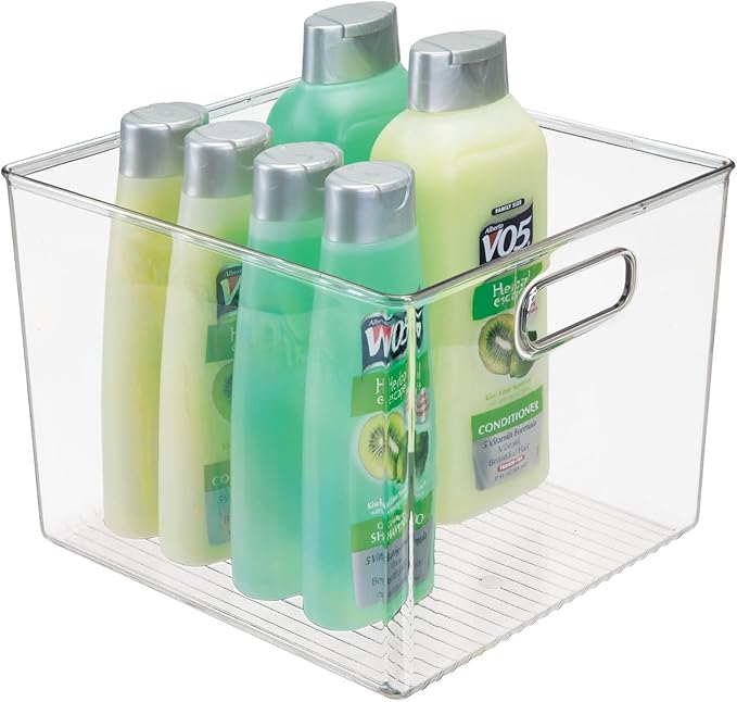 mDesign Plastic Modern Storage Organizer Bin Basket with Handles for Bathroom Organization - Shelf, Cubby, Cabinet, Vanity, and Closet Organizing Decor - Ligne Collection - Clear