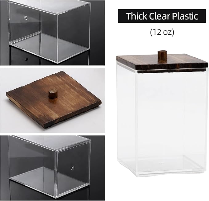 Tbestmax 12 OZ Cotton Swab/Ball/Pad Holder, Qtip Apothecary Jar, Clear Bathroom Containers Dispenser for Storage 4 Pack Black Wood Lids