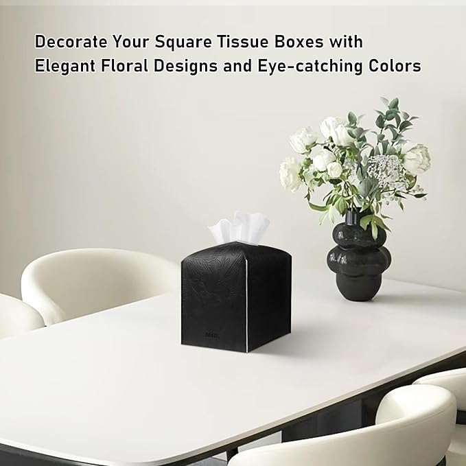 Tissue Box Holder Cover Square Tissue Cube Cover PU Leather Tissue Organizer with Bottom Belt for Bathroom, Tabletop, Kitchen, Night Stands, Office, Home, Car (2, Black)