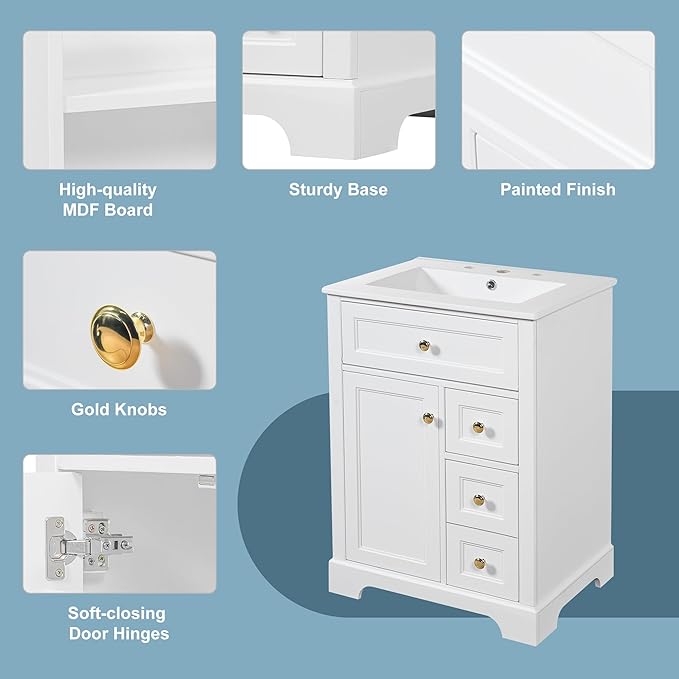 Harper & Bright Designs 24" Bathroom Vanity with Sink, Free Standing Bathroom Vanity Set with Flip Drawer, 2 Drawers, and Storage Rack, Wood Storage Cabinet with Ceramic Basin for Bathroom, White