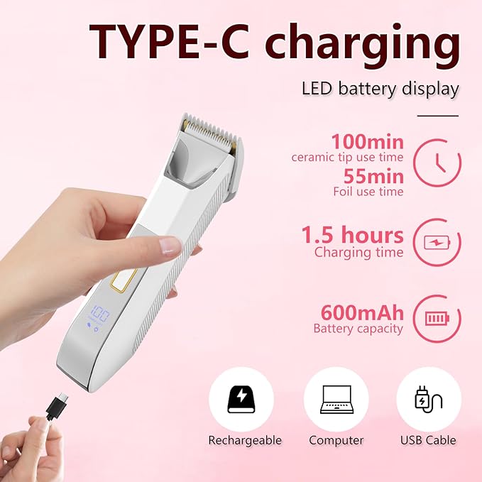 2-in-1 Electric Bikini Trimmer for Women, Dual Head Shaver for Body & Pubic Hair, Painless Smooth, No-Nick Shaving, IPX7 Waterproof, Lightweight with Travel Lock, LED Display