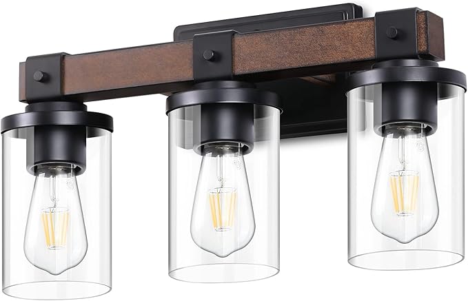 EDISHINE Farmhouse Vanity Lights for Bathroom, 3-Light Bathroom Vanity Lights Over Mirror, Wall Sconce with Clear Glass Shades for Vanity Table, Living Room(E26 Base)
