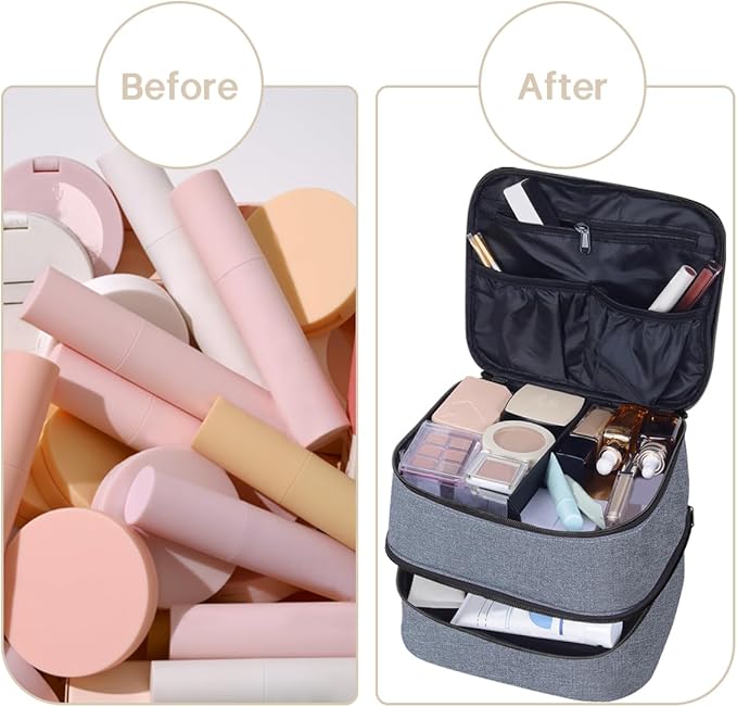 Double Layer Makeup Bag Portable Large Cosmetic Case Organizer with Adjustable Dividers Storage Travel Bag for Accessories Brushes Conditioner and Skin Care Products (Grey)