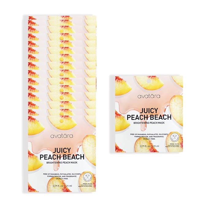Avatara Juicy Peach Brightening Facial Mask 15 Sheets, Beauty and Skincare Sheet Masks with Peach Extracts, Hyaluronic Acid and Clean Ingredients for Clearer, Brighter Skin With Natural Glow, 15 Pack