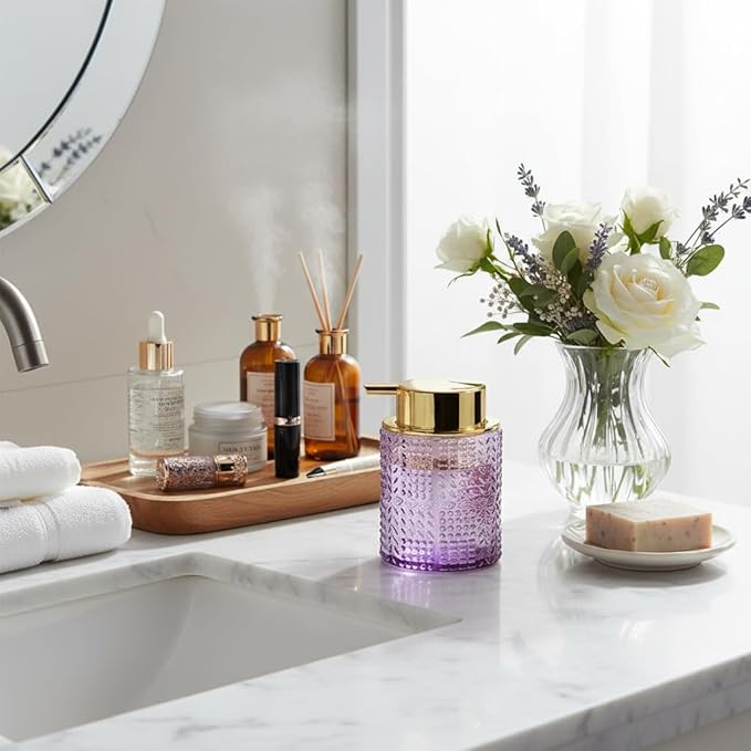 Foaming Soap Dispenser, Purple Glass Foam Soap Dispenser with Gold Pump, Refillable 10oz Lotion Liquid Container Pump Bottle for Bathroom Kitchen Countertop