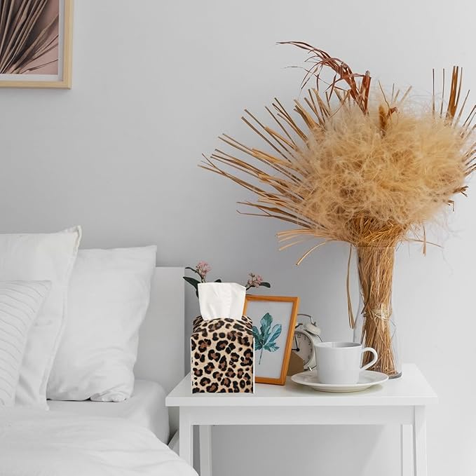 Leopard Print Tissue Box Cover Cute Animal Brown Black Leather Tissue Box Holder Square Facial Paper Organizer Dispenser for Bathroom Kitchen Bedroom Vanity Countertop Night Stands