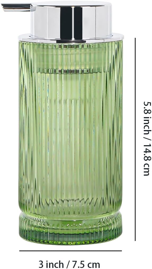 14 Oz Foaming Soap Dispenser, Green Glass Soap Dispenser, Refillable Foam Pump Bottle Lotion Container with Silver Pump, Decorative Slim Ribbed Bottle for Bathroom and Kitchen Decor