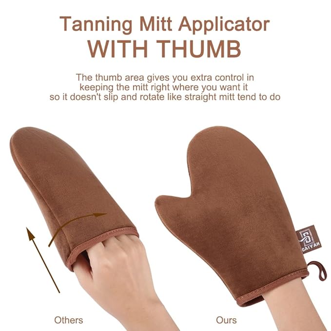 GAIYAH Self Tanning Mitt Applicator Kit, Self Tanner Mitt Set Includes Self Tanner Back Applicator, Exfoliator Glove and Finger Face Tanning Glove