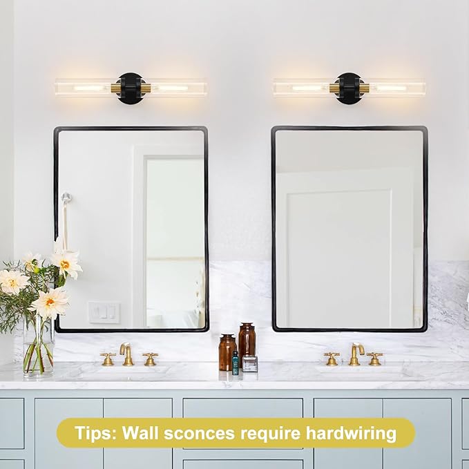Wall Sconces Set of Two, 22" Black and Gold Bathroom Sconces with Clear Glass, Hardwired Modern Sconces Wall Decor Set of 2 Wall Light fixtures for Bathroom Mirror Living Room Hallway Bedroom