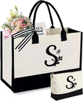 Personalized Gifts for Women - Initial Canvas Tote Beach Bag & Makeup Bag, Unique bags for Christmas, Birthday, Holiday, Wedding, Monogram Birthday Gifts for Women, Wife, Friends, sisters, Mom (S)