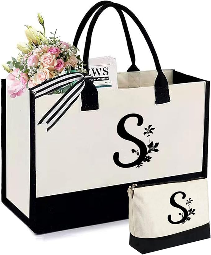 Personalized Gifts for Women - Initial Canvas Tote Beach Bag & Makeup Bag, Unique bags for Christmas, Birthday, Holiday, Wedding, Monogram Birthday Gifts for Women, Wife, Friends, sisters, Mom (S)