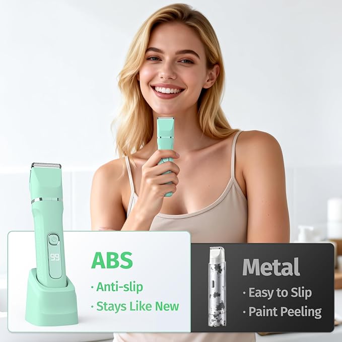 Bikini Trimmer for Women,5-in-1 Electric Razors for Women,Electric Shaver for Women's,IPX7 Waterproof Trimmer for Men Legs,with 5 Replaceable Blade Heads,USB Recharge Dock（Green）