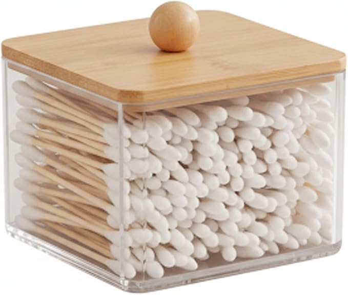 Cotton Swab Holder with Bamboo Lid, Clear PS Plastic Qtip Container, Single Layer Bathroom Countertop Organizer for Cotton Balls & Pads, Vanity Storage, Dorm Room Essentials, Small Space Decor