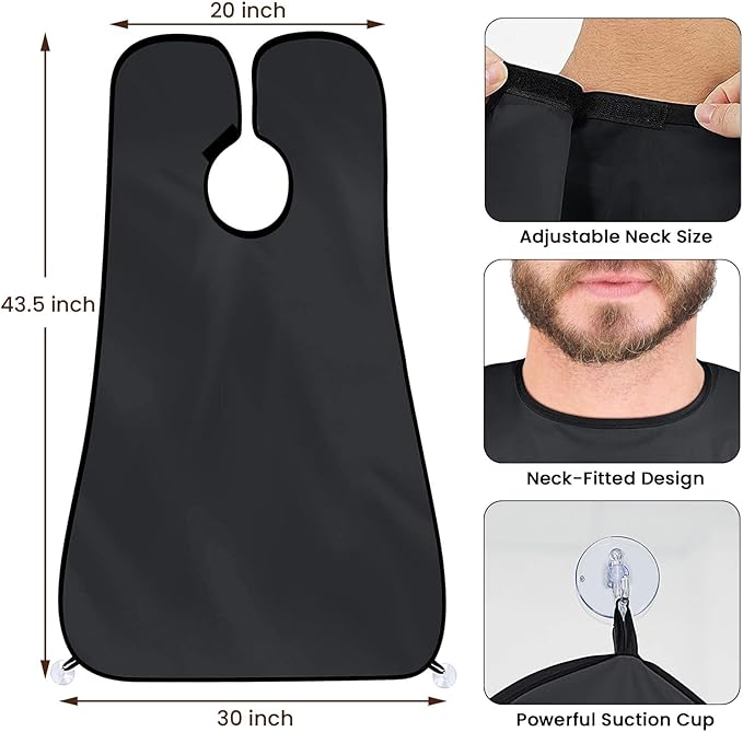 Beard Bib Apron, Stocking Stuffers Christmas White Elephant Gifts for Men Adults Dad Husband, Beard Hair Catcher for Sink, Non-Stick Beard Cape with 3 Suction Cups, Grooming Accessories(Black)
