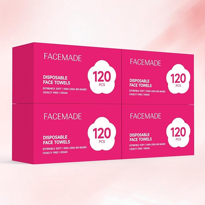 FACEMADE 480 Count (4 Packs) Disposable Face Towels, 100% USDA Biobased Face Towelettes Disposable, Ultra-Soft Facial Towels for Sensitive Skin, Perfect for Cleaning and Makeup Remover