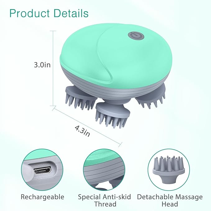ORIA Electric Head Massager, Cordless Hair Scalp Massager, Handheld Waterproof Head Scratcher with 3 Modes, 4 Detachable Heads, 96 Massage Nodes, for Stress Release, Body Relaxation