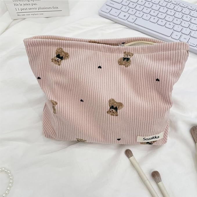 SxoSyo Makeup Bag for Women Cosmetic Bags Large Capacity Purse Travel Toiletry Zipper Storage Pouch Make up Brushes Organizer for Gifts (Corduroy Bear, Pink)