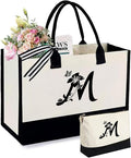 Personalized Gifts for Women - Initial Canvas Tote Beach Bag & Makeup Bag, Unique bags for Christmas, Birthday, Holiday, Wedding, Monogram Birthday Gifts for Women, Wife, Friends, sisters, Mom (M)