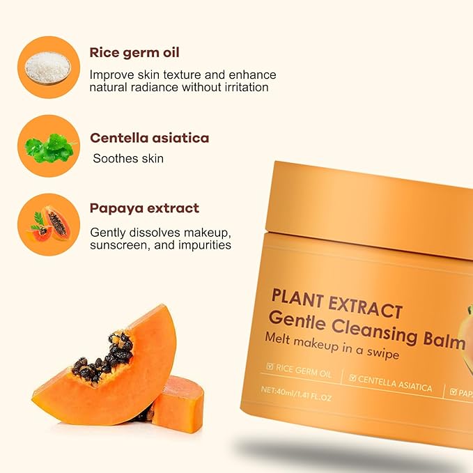 2-in-1 Cleansing Balm Makeup Remover with Papaya Extract & Rice Germ Oil, Gentle Exfoliator, Face Cleanser for Women & Makeup Remover Balm for All Skin Types 1.41 FI.0Z