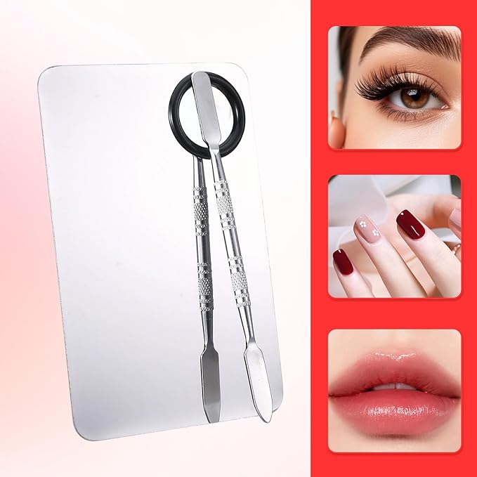 2 Set Metal Makeup Mixing Palette with Spatula, Stainless Steel Cosmetic Artist Tool Palette Reusable Beauty Tools for Foundation Mix, Facial Cosmetic, Nail Art (Sliver)