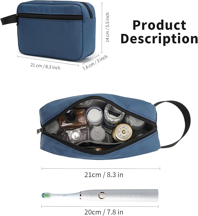 Travel Toiletry Bag, Small Cosmetic Bag, Hanging Water-Resistant Organizer for Men & Women, Ideal for Makeup, Shaving Kit, Gym Essentials & Travel Accessories (Navy Blue)