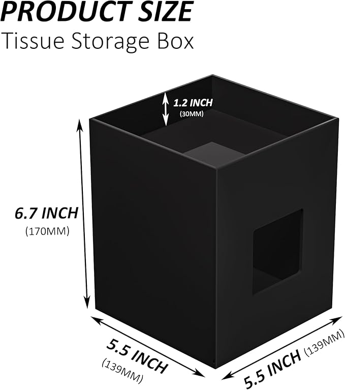 Black Acrylic Tissue Box Cover with Storage Tray ,Square Acrylic Tissue Box Holder Napkin Dispenser for Bathroom Kitchen Home Office (Black, 5.5x5.5x6.7)