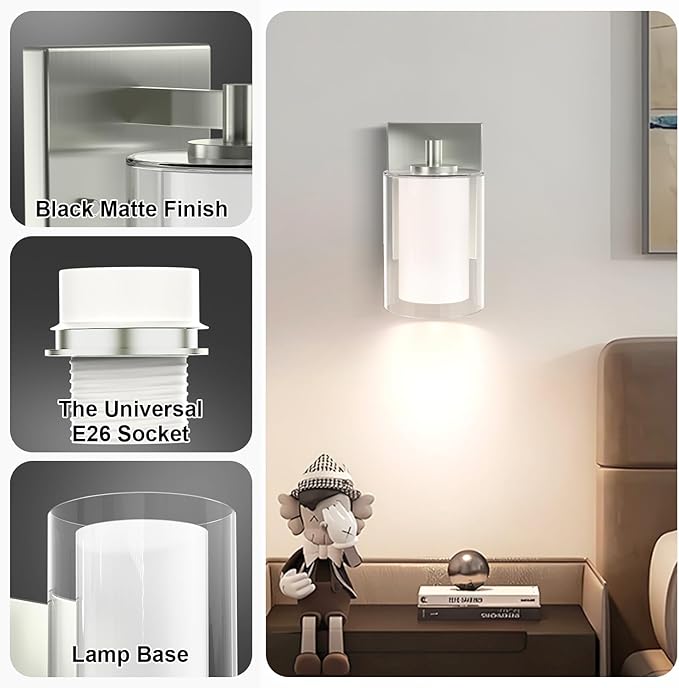 Wall Sconces Set of Two: Bathroom Sconce of 2, Silver Vanity Fixtures with Double Clear Glass Shade, E26 Base Hardwired Farmhouse Wall Lights for Bedroom Living Room Bathroom (Bulb not Included)