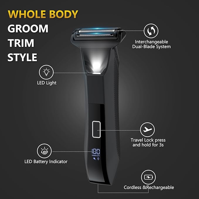 Manscaper Trimmer for Men, 2-in-1 Ball & Body Hair Groomer - Pubic & Groin Hair Shaver with Dual-Head, No-Nick Shaving, Smooth Grooming - Lightweight, Travel Lock, IPX7 Waterproof & LED Display