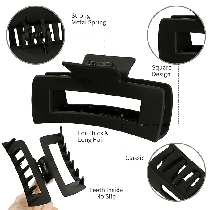 4.1 Inch Large Hair Claw Clips 12 Pcs Big Claw for Thick Hair Square Hair Clips Jumbo Jaw Clips Bulk Hair Accessories for women and Girls (Black)