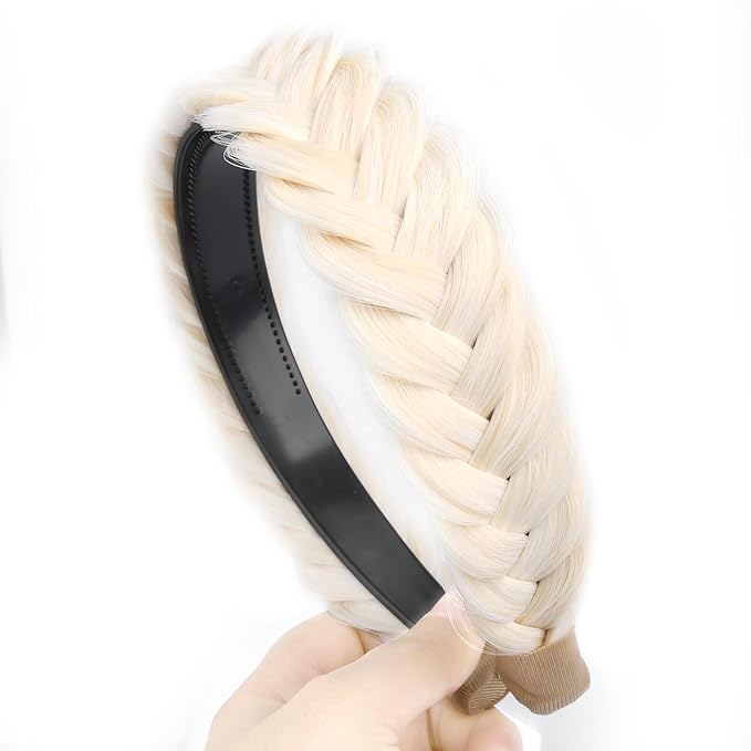 DIGUAN Wide Messy Braided Headband With Teeth Synthetic Hair Plaited Headband High Elasticity Braids Chunky Fishtail Braided Hair Band Hairpiece for Girls Women (Warm White)