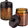 Amolliar Amber Glass Qtip Holder, Apothecary Jars with Bronze Metal Lid & Stickers-Bathroom Qtip Dispenser Storage Organizer Set,Vanity Counter Canister for Cotton Swabs,Round Floss(2 Pack)
