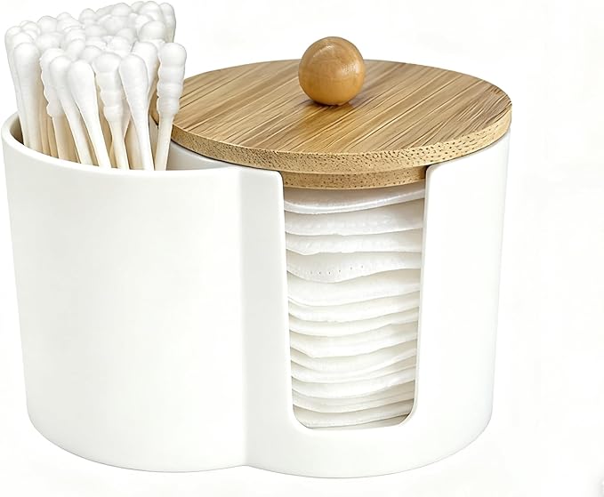 Cotton Pad Swab Holder, Q tip Holder Round Cotton Pads Dispenser Small Plastic Swabs Dispenser with Lid, Bathroom Accessories Storage Organizer for Bud Floss Picks, White