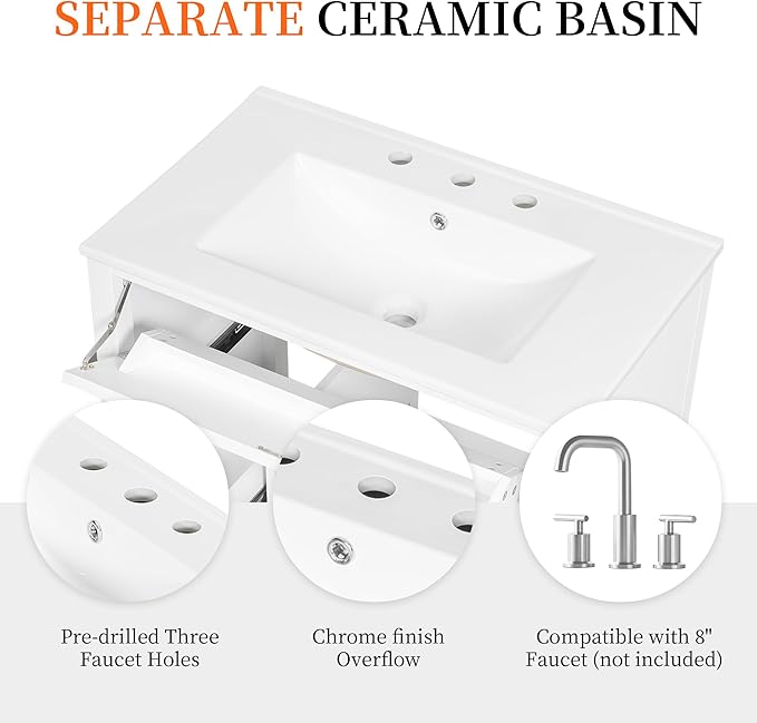 Harper & Bright Designs 36" Bathroom Vanity with Sink, Free Standing Vanity Set with 4 Drawers, Storage Racks, and Adjustable Shelf, Wood Bathroom Cabinet with Ceramic Basin for Bathroom, White