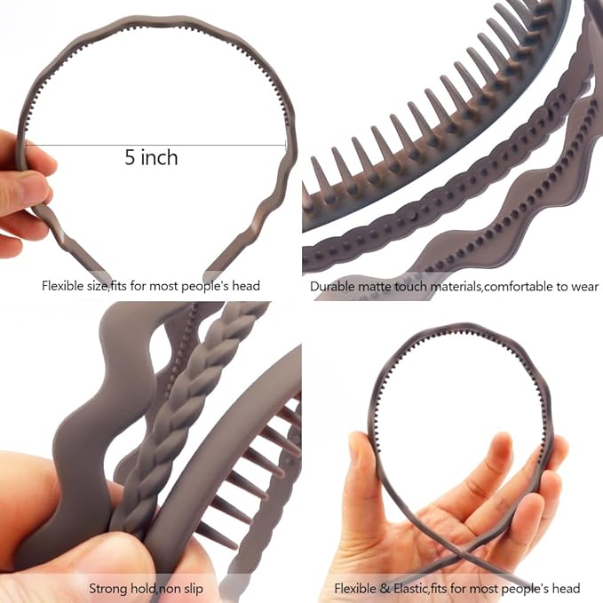 AHONEY 7 Pack Brown Headbands for Women Mens Headbands with Teeth Non Slip Hairbands for Women's Hair Accessories Comb Headband Diademas Para Mujer (Brown)