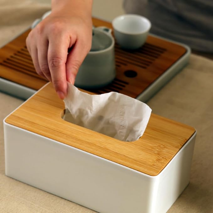 Tissue Box with Bamboo Cover,Plastic Tissue Organizer,Bathroom Tissue Dispenser for Home,Bedroom,Office,Living Room,8.1×4.6×2.9 in (Grey)