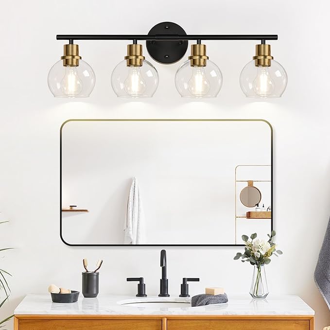 4-Light Bathroom Light Fixtures, Black and Gold Bathroom Lights Over Mirror with Clear Glass Globe Shade, Vanity Lights for Bathroom Kitchen Living Room Hallway Cabinet Bedroom Porch