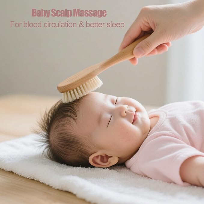 6 Piece Baby Hair Brush & Comb Set, Natural Bamboo & Goat Bristle for Cradle Cap Care, Newborn to Toddler Grooming Kit with Silicone Scrubbers for Scalp Massage