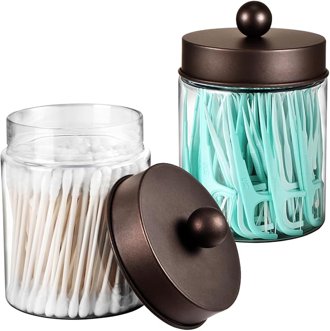 3PC Farmhouse Decor Qtip Holder Apothecary Jars Bathroom Vanity Storage Organizer -Countertop Canister Container &Cute Stickers for Cotton Swab, Ball,Pad,Floss ,Paper Clips (Bronze,Plastic)