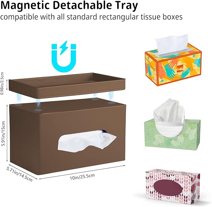 PU Leather Tissue Box Cover Rectangle with Detachable Storage Tray,Fits 230-Count Box Tall Rectangular,Modern Decorative Tissue Box Holder/Organizer for Bathroom,Bedroom Dresser,Night Stand