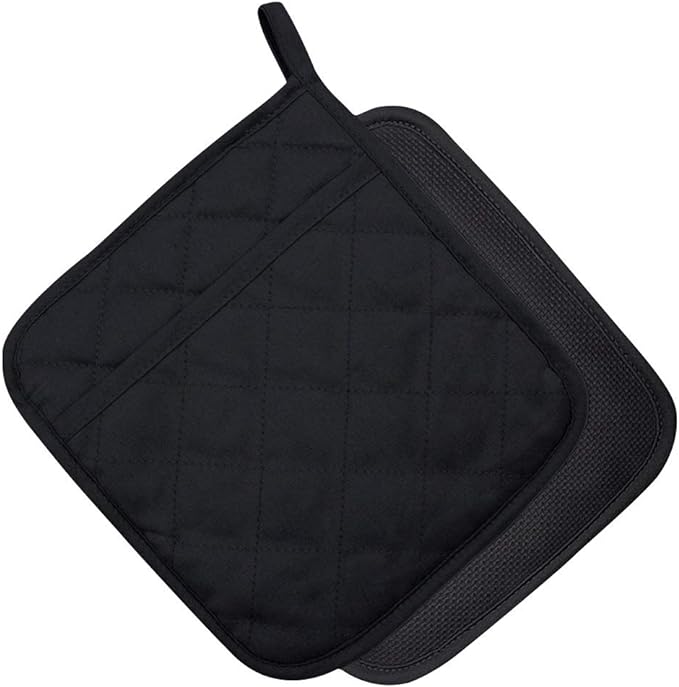 2Pcs Cotton and Neoprene Oven Pads Pot Holders with Pocket 8"x8.5" Dual-Function Hot Pad Set for Finger Hand Wrist Protection Heat Resistant to 428°F,Black