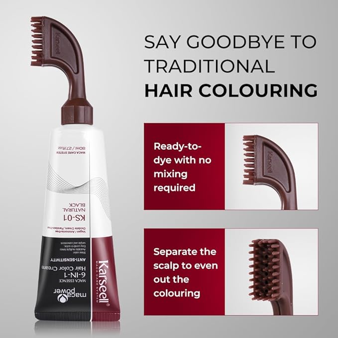 Karseell Hair Dye with Comb Applicator, Maca essence 6-IN-1 Ammonia Free No Mix Hair Color for 100 Percent Gray Coverage Hair Dye, 80ml-Black