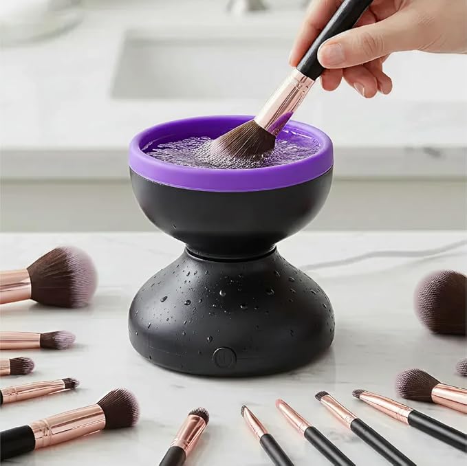 ÉCLAT Electric Makeup Brush Cleaner Machine, Remove Residue on Brush, Sponge, Powder Puffs, Cosmetic Tool Cleaner, No Batteries Needed, Portable Spinning Washer Saves Cleanser Solution (Black/Purple)
