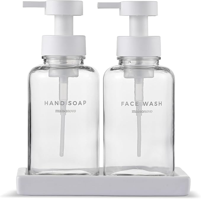 MaisoNovo Glass Foaming Soap Dispenser 14 Oz | Clear Glass White Pumps x 2 with Ceramic Tray