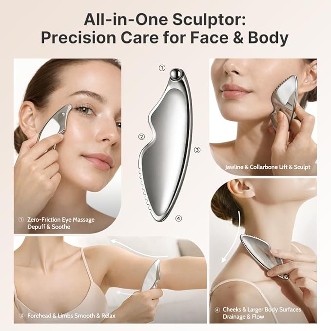 Gua Sha Facial Tools - Guasha Tool for Face and Body, Premium Metal Scraping Massage Tool for Lymphatic Drainage, Skin Rejuvenation, and Relaxation