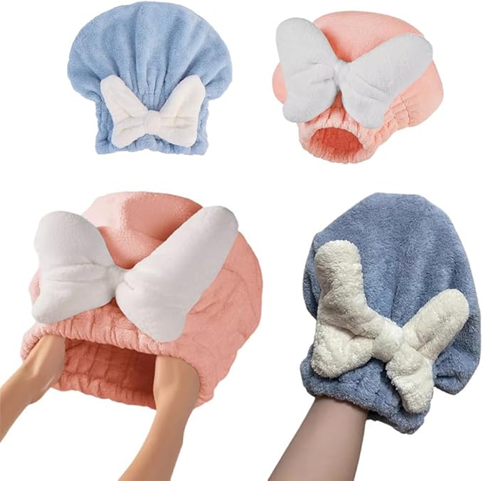 2 Pack Microfiber Hair Towel Micro Fiber Hair Drying Caps with Large Bow Hair Towel Cap Absorbent Hair Turban Wraps Head Towels for Women Girls Daughter Curly Thick Long Hair Bath Shower
